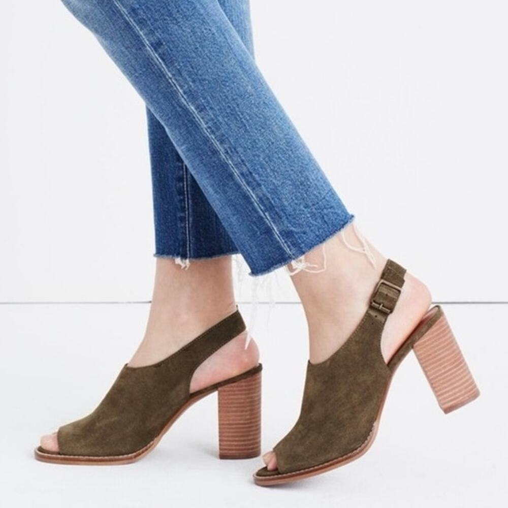 Madewell The Cary Sandal in Olive Green Suede Size 7.5 Open Toe Chunky Heel